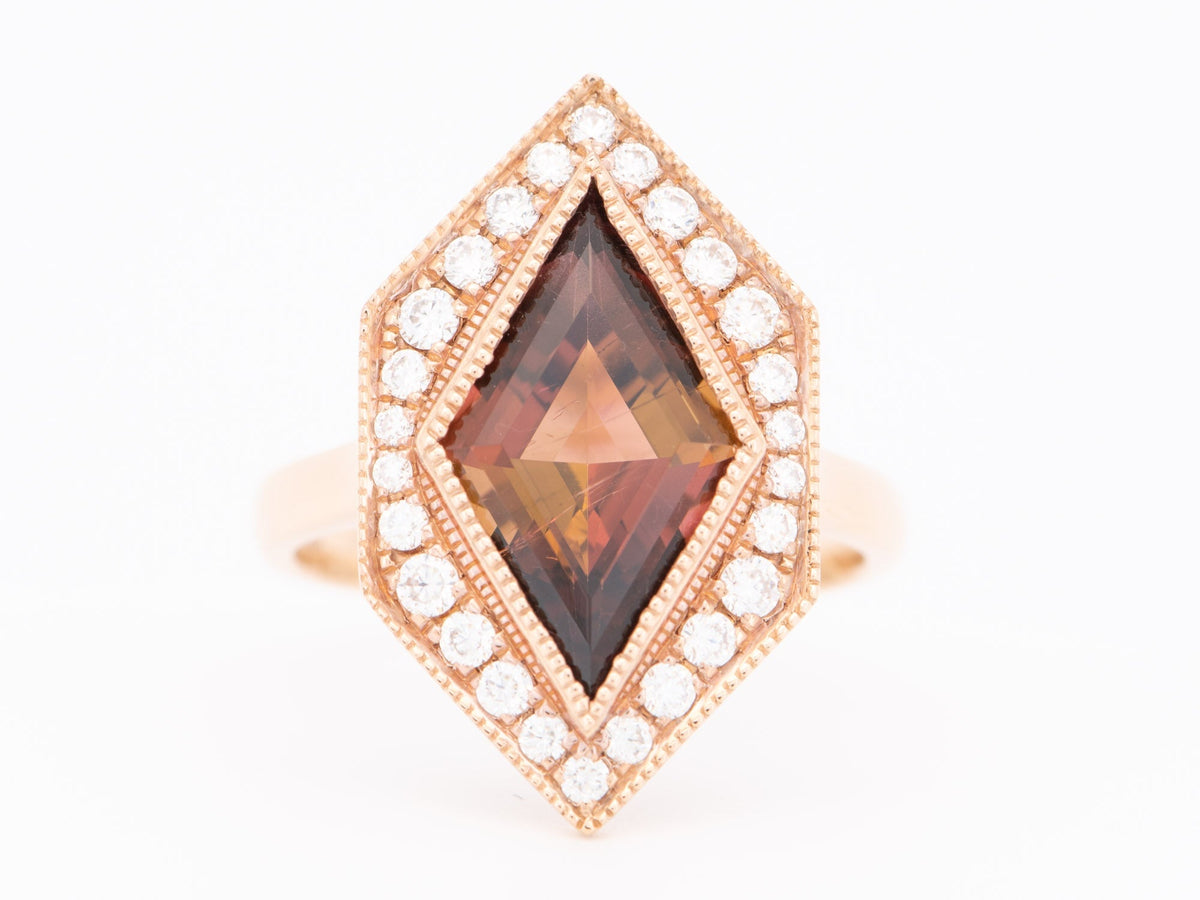3.99ct Kite Shape Pink Tourmaline Moissanite Halo Hexagon Ring 14K Gold R6324 Aurora Designer