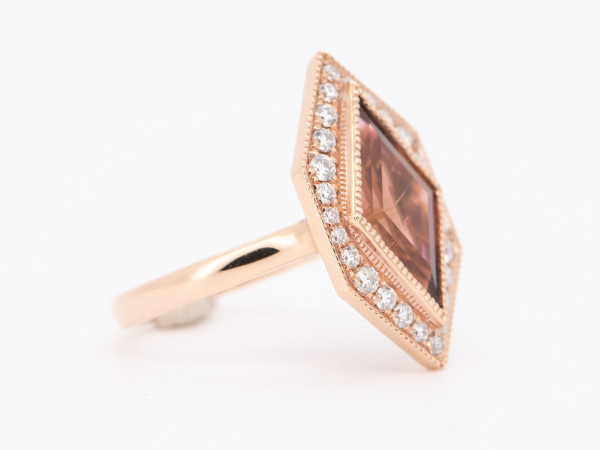 3.99ct Kite Shape Pink Tourmaline Moissanite Halo Hexagon Ring 14K Gold R6324 Aurora Designer