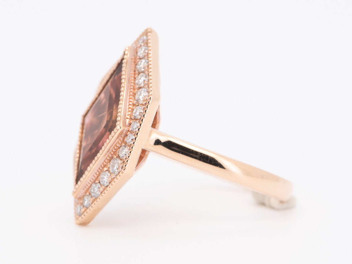 3.99ct Kite Shape Pink Tourmaline Moissanite Halo Hexagon Ring 14K Gold R6324 Aurora Designer
