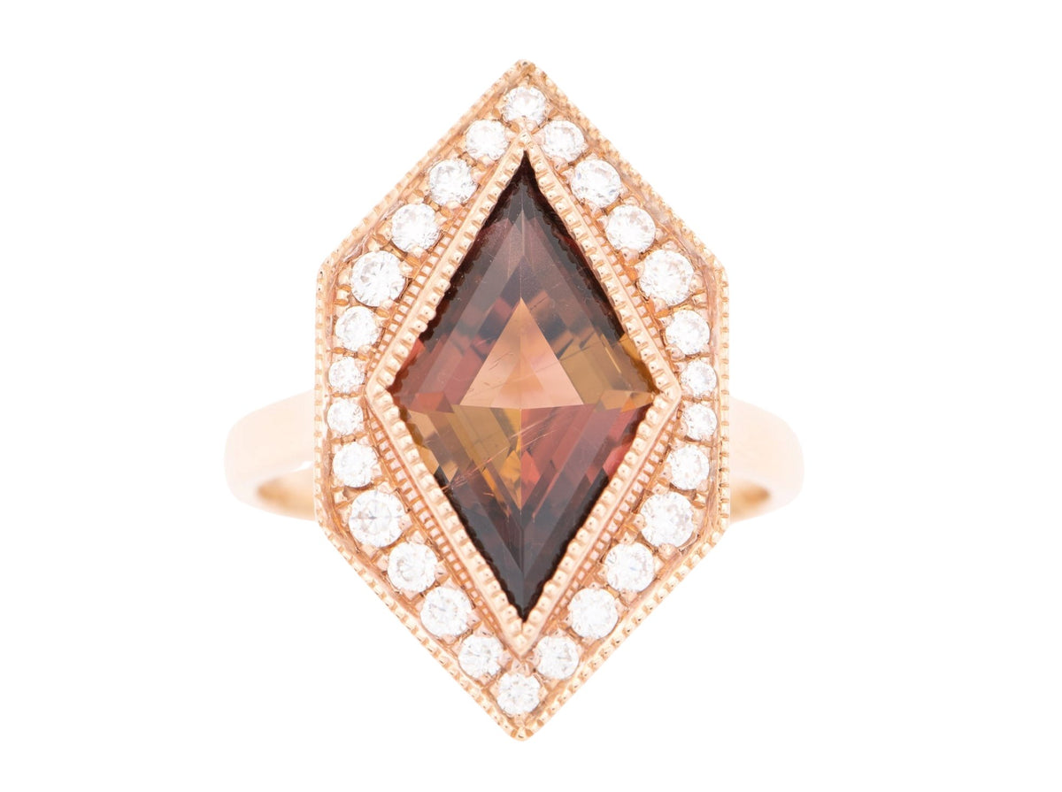 3.99ct Kite Shape Pink Tourmaline Moissanite Halo Hexagon Ring 14K Gold R6324 Aurora Designer