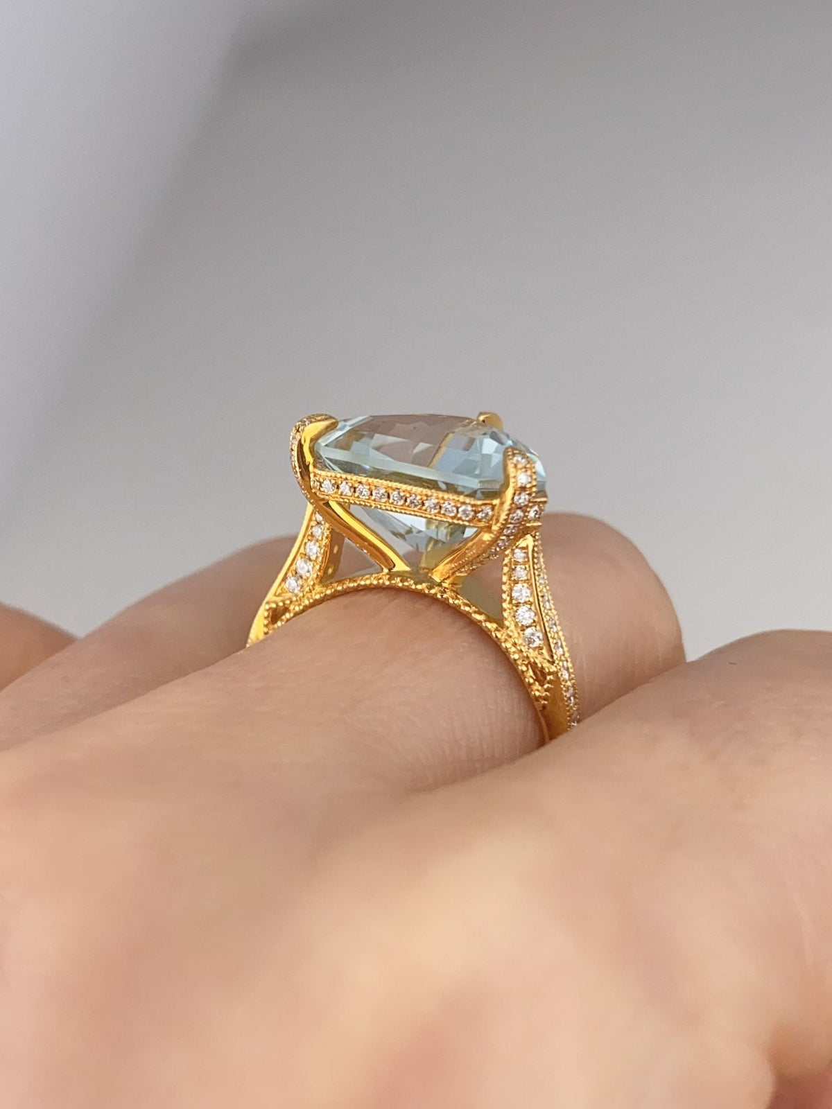 5.78ct Fancy Cut Aquamarine with Hidden Diamond Halo Engagement Ring 14K Gold R6345 Aurora Designer