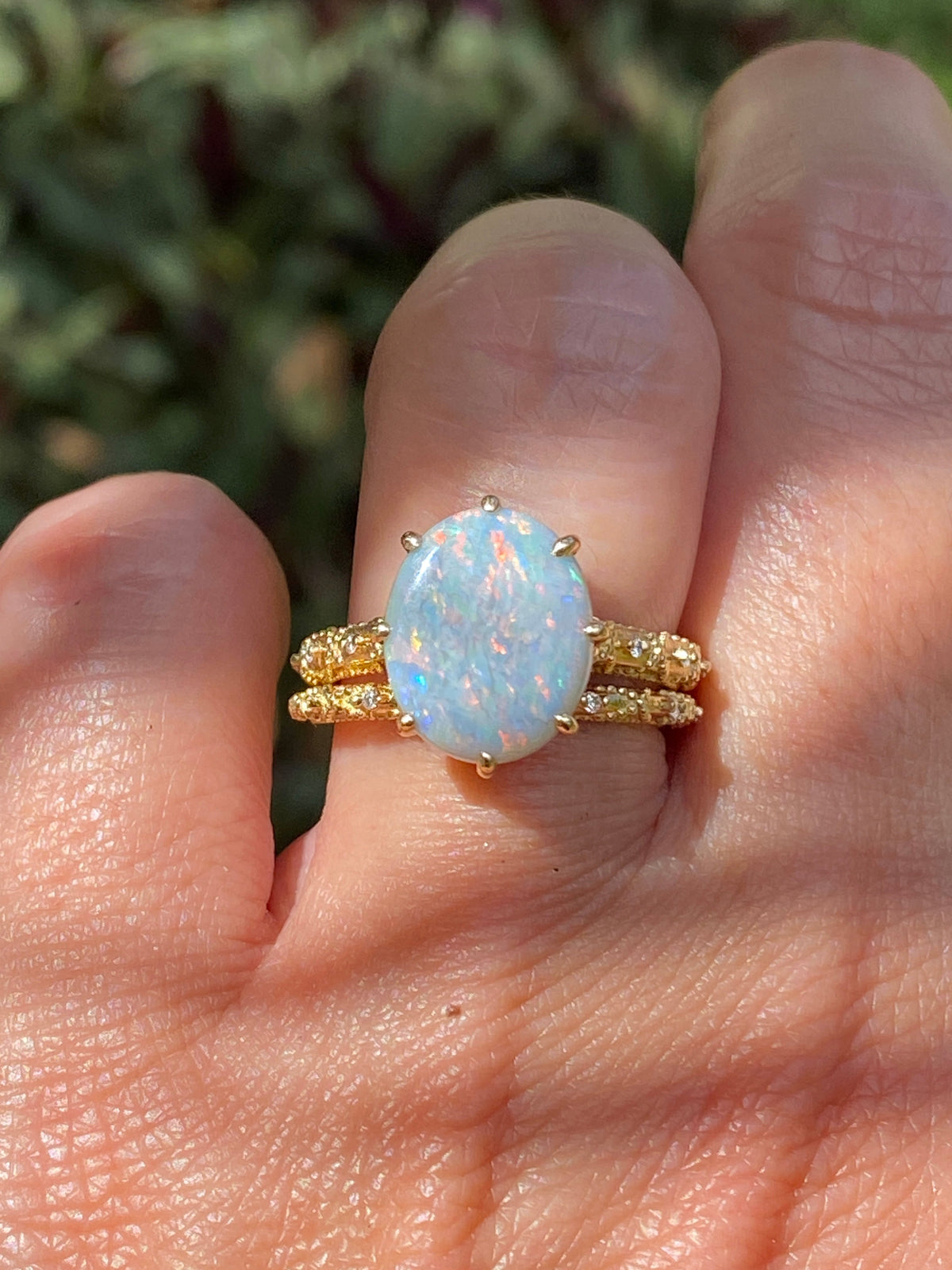 2.82ct Solid Australian Opal on Vintage Lace Band Bridal Ring Set 14K Gold R6495 Aurora Designer