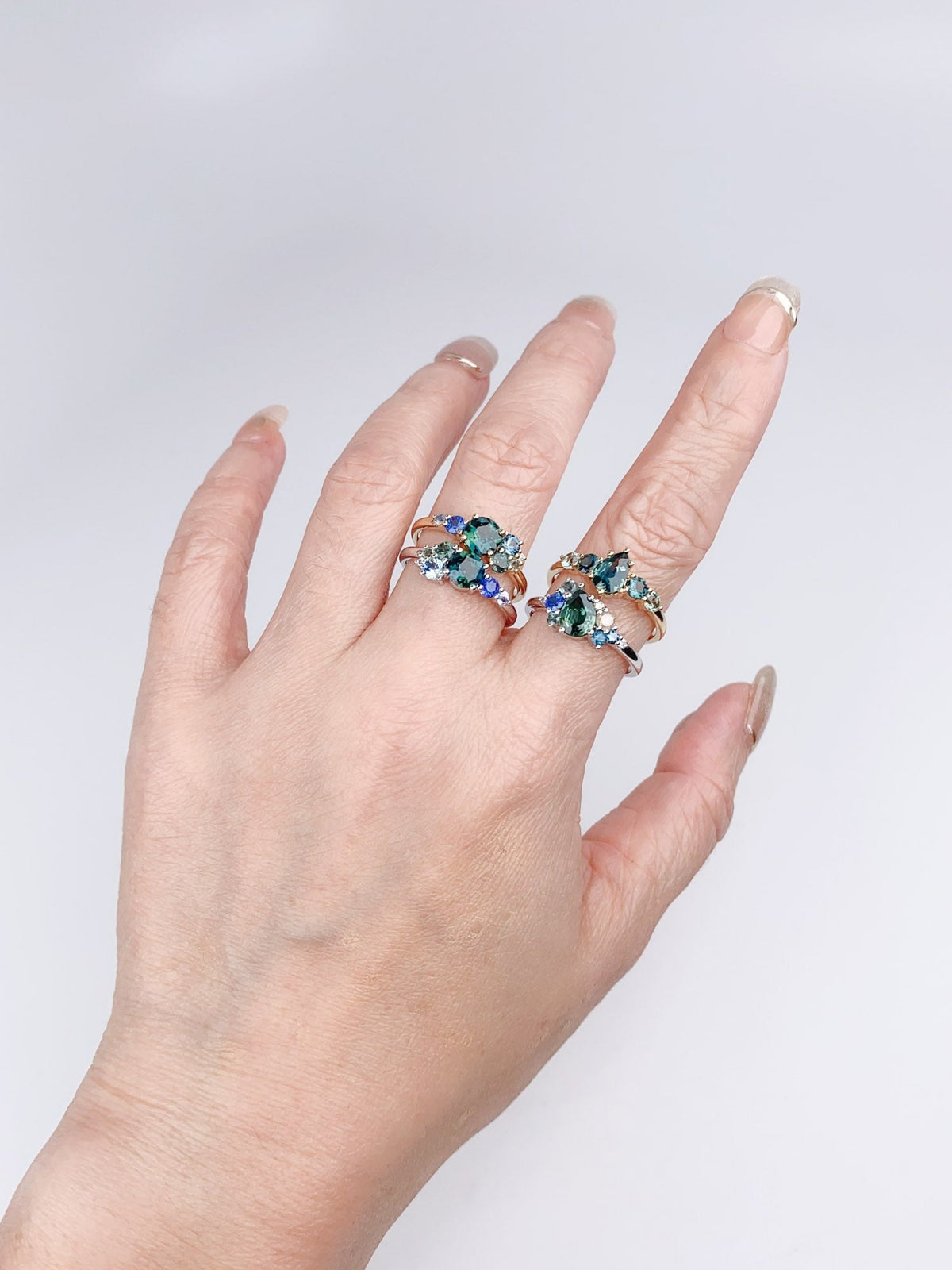 Teal Sapphire Diamond Tanzanite Alexandrite Cluster Ring 14K White Gold R6502 Aurora Designer