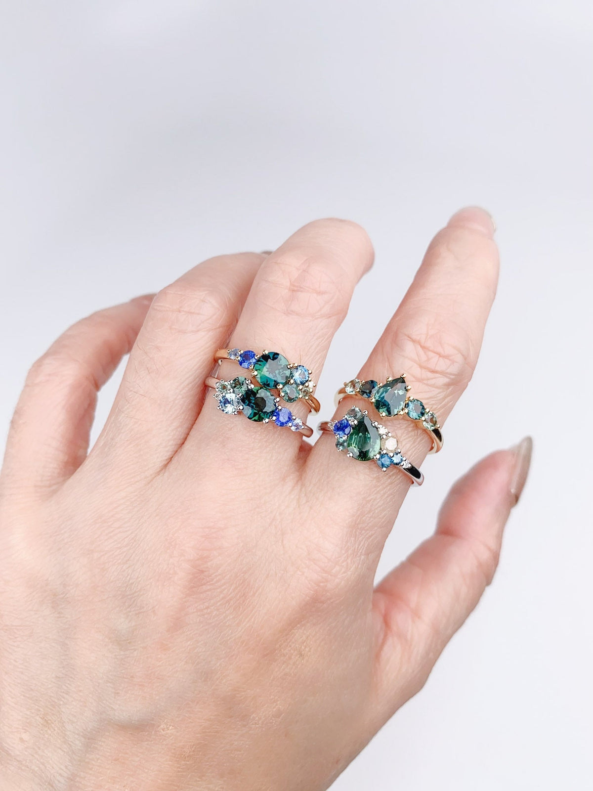 Teal Sapphire Diamond Tanzanite Alexandrite Cluster Ring 14K White Gold R6502 Aurora Designer