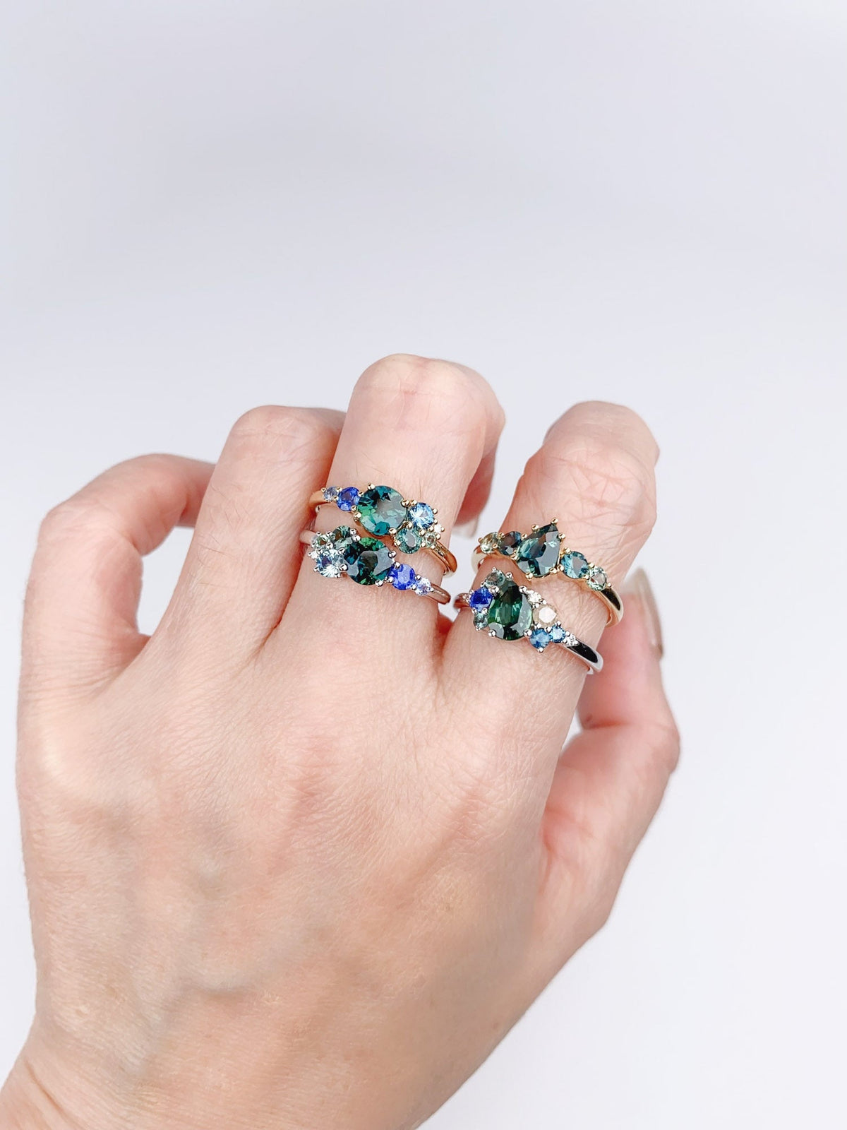 Teal Sapphire Diamond Tanzanite Alexandrite Cluster Ring 14K White Gold R6502 Aurora Designer