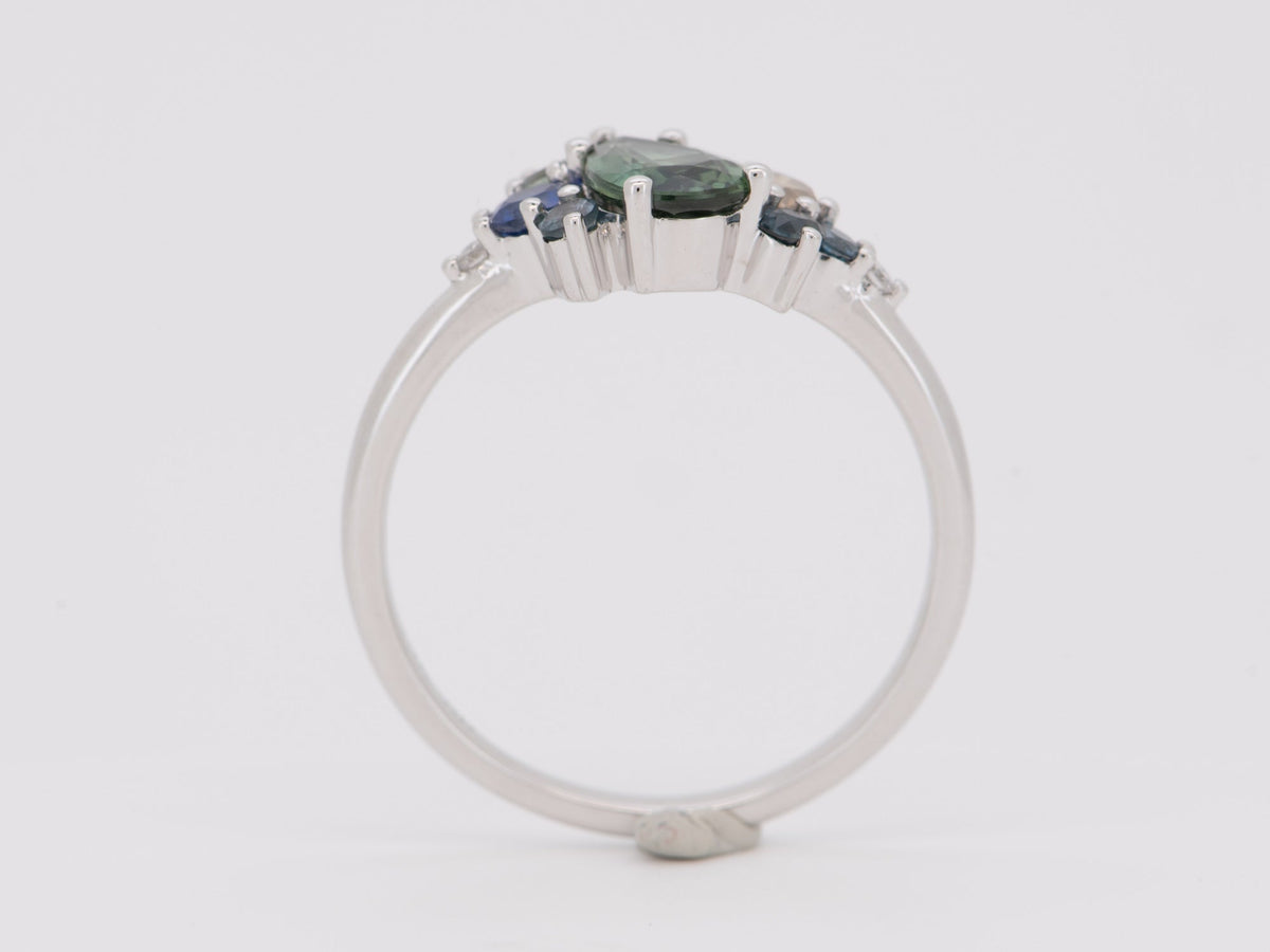 Teal Sapphire Diamond Tanzanite Alexandrite Cluster Ring 14K White Gold R6502 Aurora Designer