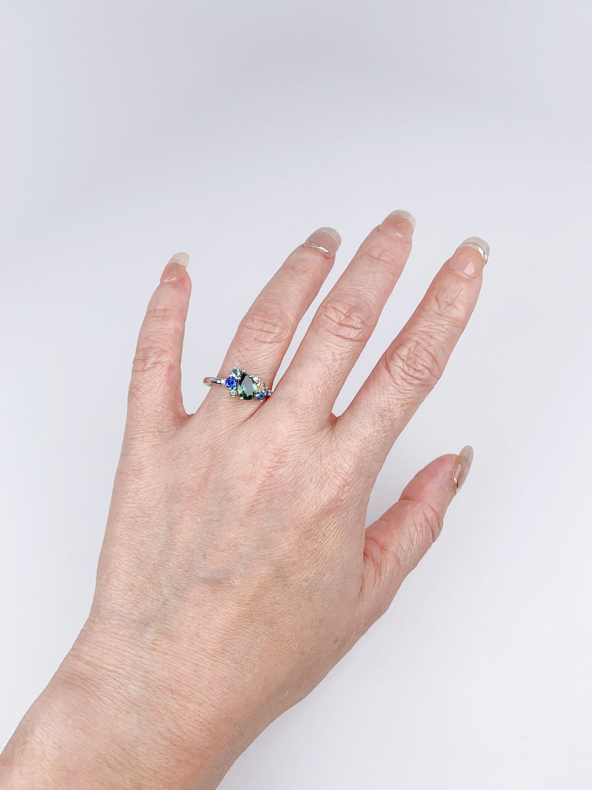 Teal Sapphire Diamond Tanzanite Alexandrite Cluster Ring 14K White Gold R6502 Aurora Designer
