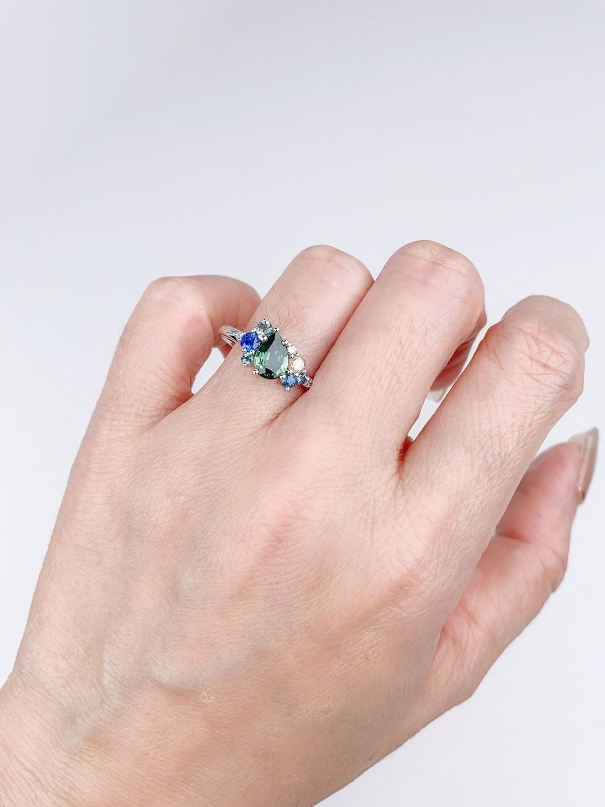 Teal Sapphire Diamond Tanzanite Alexandrite Cluster Ring 14K White Gold R6502 Aurora Designer