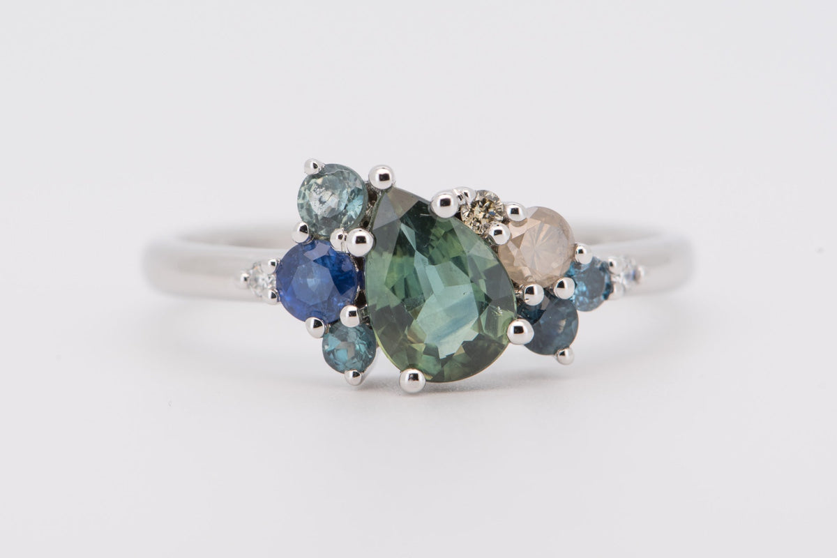 Teal Sapphire Diamond Tanzanite Alexandrite Cluster Ring 14K White Gold R6502 Aurora Designer