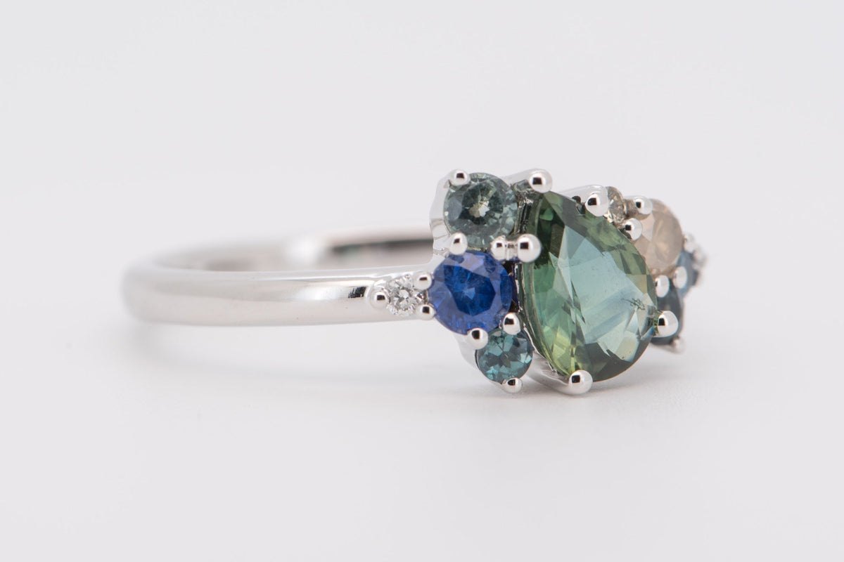Teal Sapphire Diamond Tanzanite Alexandrite Cluster Ring 14K White Gold R6502 Aurora Designer