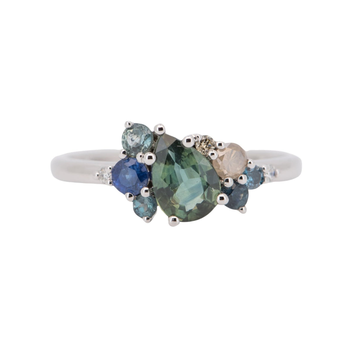 Teal Sapphire Diamond Tanzanite Alexandrite Cluster Ring 14K White Gold R6502 Aurora Designer