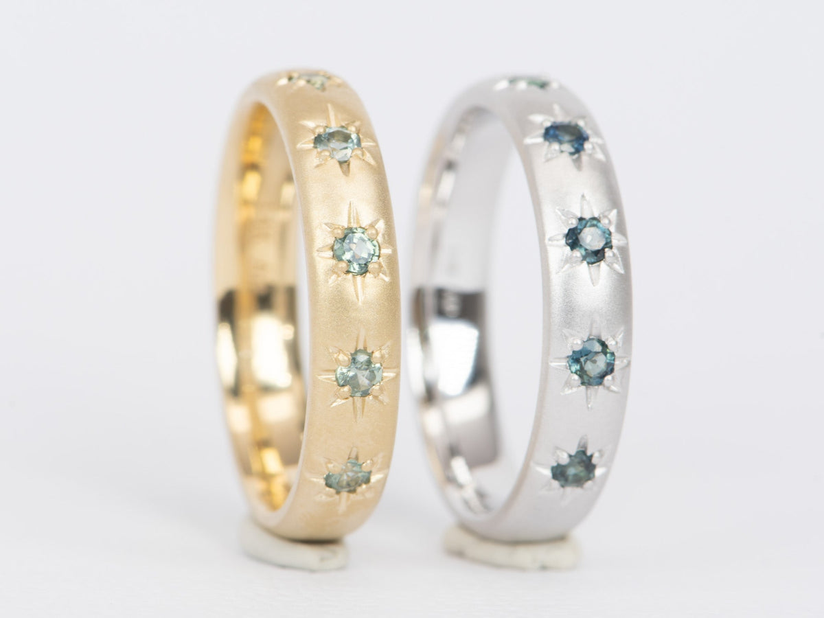 4mm Wide Montana Sapphire Celestial Wedding Band 14K Gold R6517 Aurora Designer
