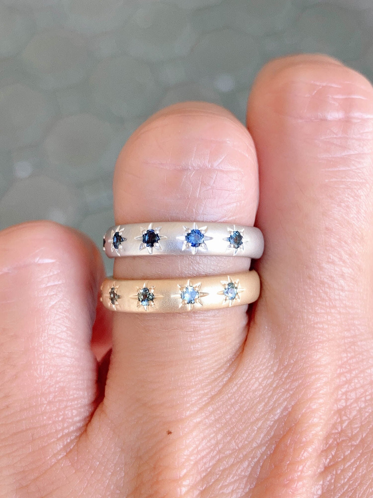 4mm Wide Montana Sapphire Celestial Wedding Band 14K Gold R6517 Aurora Designer