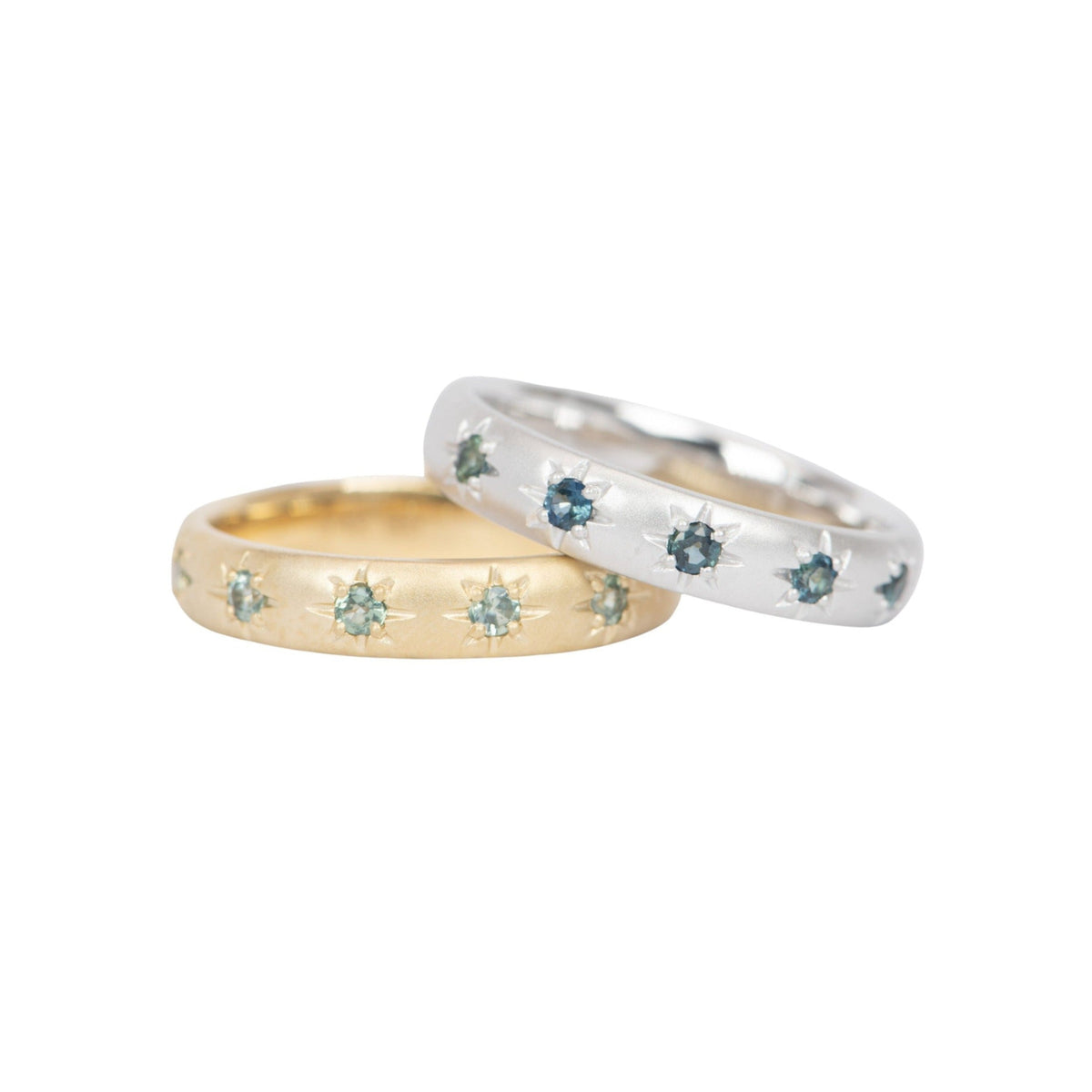 4mm Wide Montana Sapphire Celestial Wedding Band 14K Gold R6517 Aurora Designer