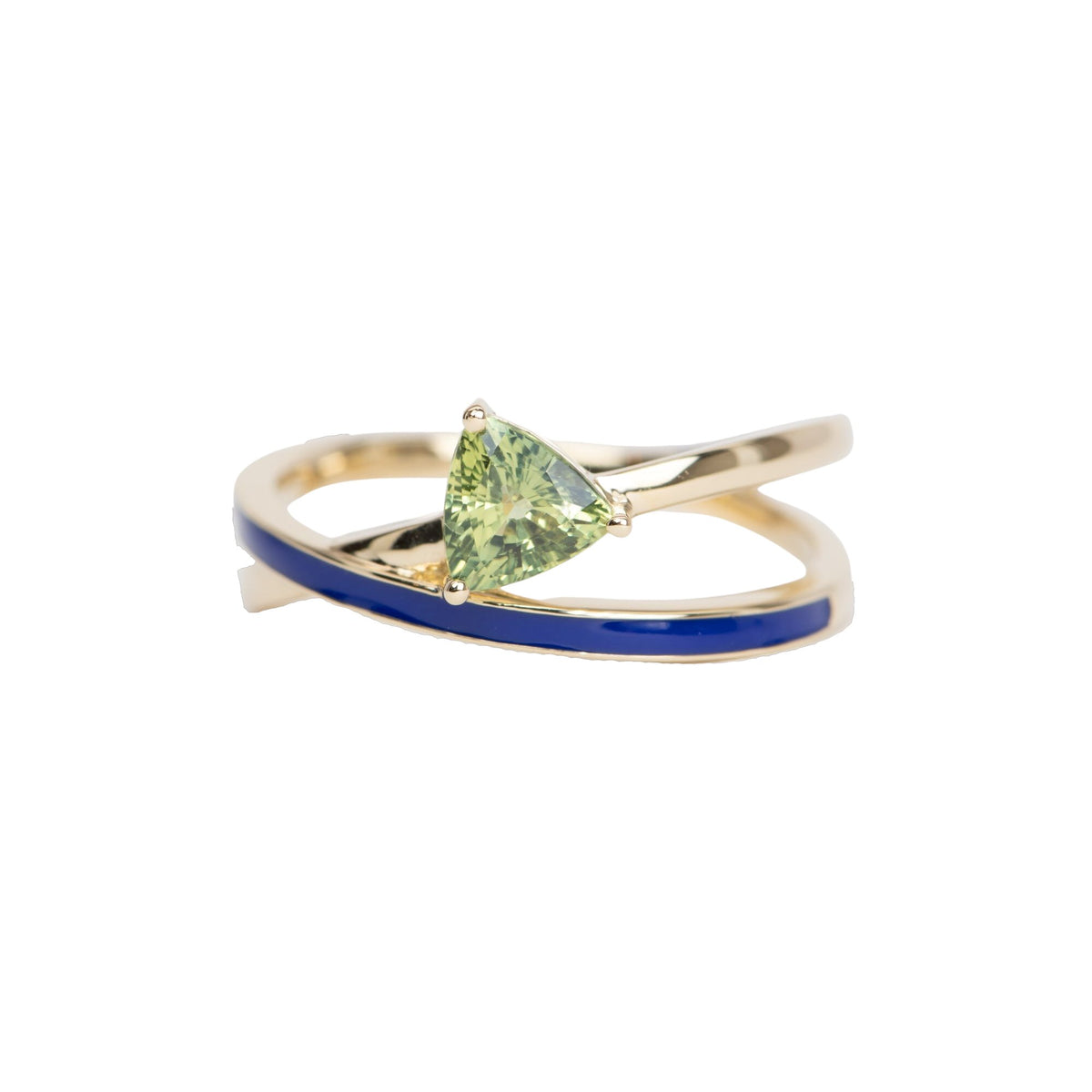 Triangle Teal Sapphire with Blue Enamel Cross Over Ring 14K Gold R6523 Aurora Designer