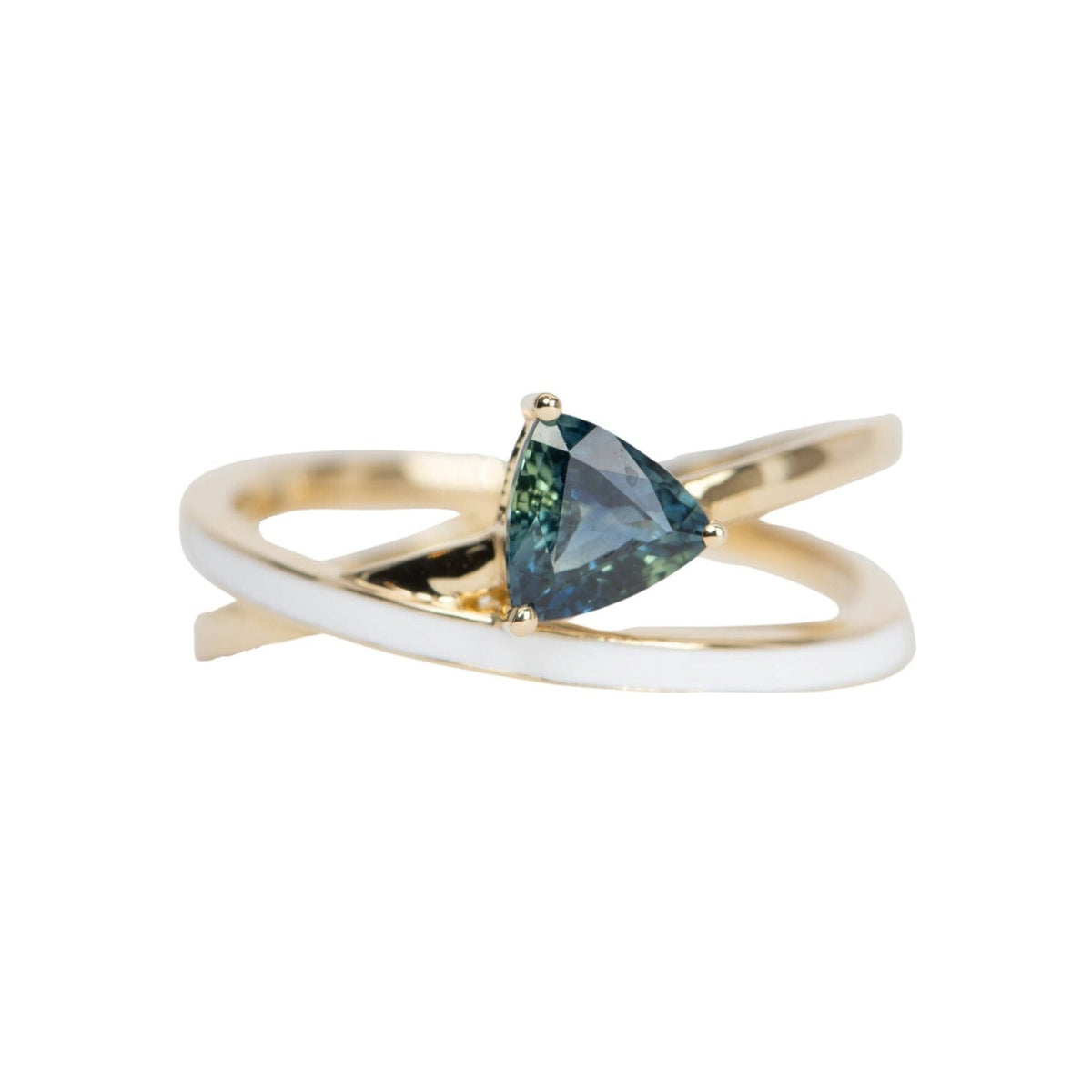 Triangle Teal Sapphire with White Enamel Cross Over Ring 14K Gold R6524 Aurora Designer