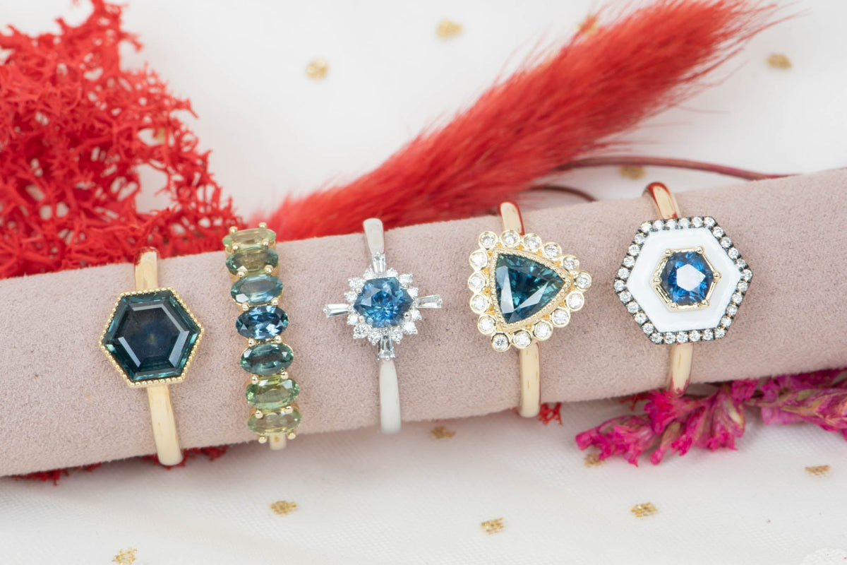 Hexagon Shape Montana Sapphire with Diamond Halo Engagement Ring 14K White Gold R6585 Aurora Designer