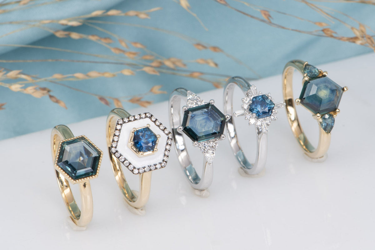 Hexagon Shape Montana Sapphire with Diamond Halo Engagement Ring 14K White Gold R6585 Aurora Designer