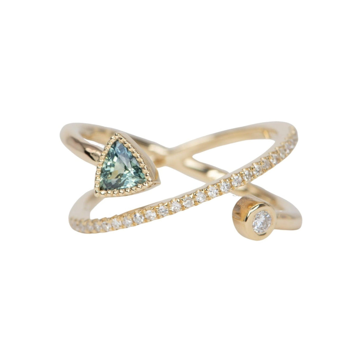 Teal Sapphire and Diamond Cross Over Cage Ring 14K Gold R6530 Aurora Designer