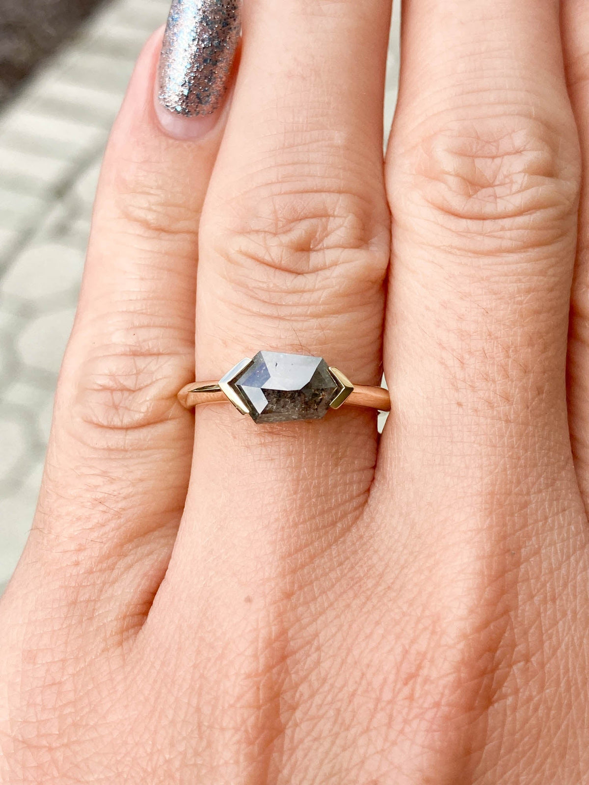 1.27ct Hexagon Salt and Pepper Diamond Sideways Set Engagement Ring 14K Gold R6537 Aurora Designer