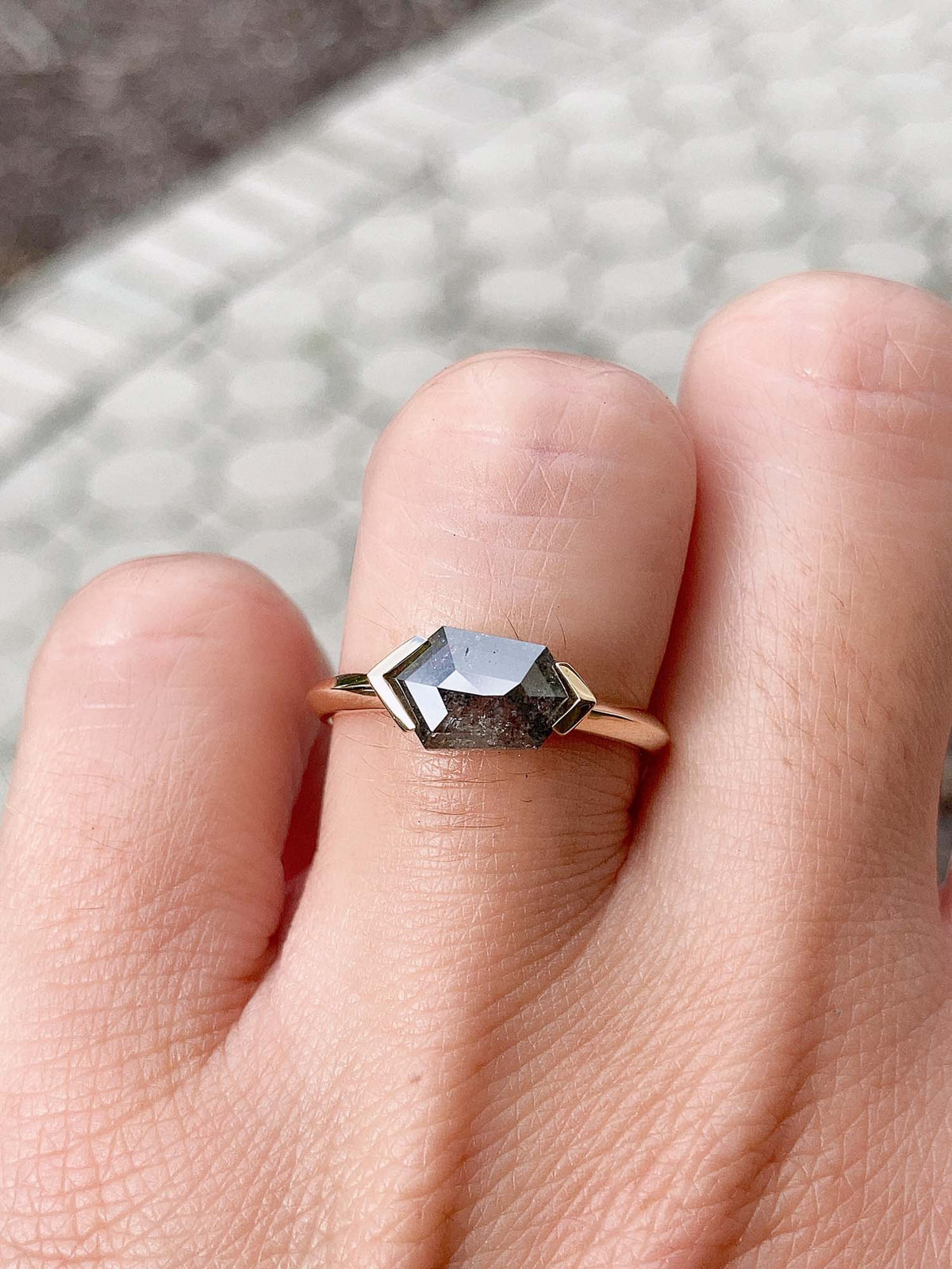 1.27ct Hexagon Salt and Pepper Diamond Sideways Set Engagement Ring 14K Gold R6537 Aurora Designer