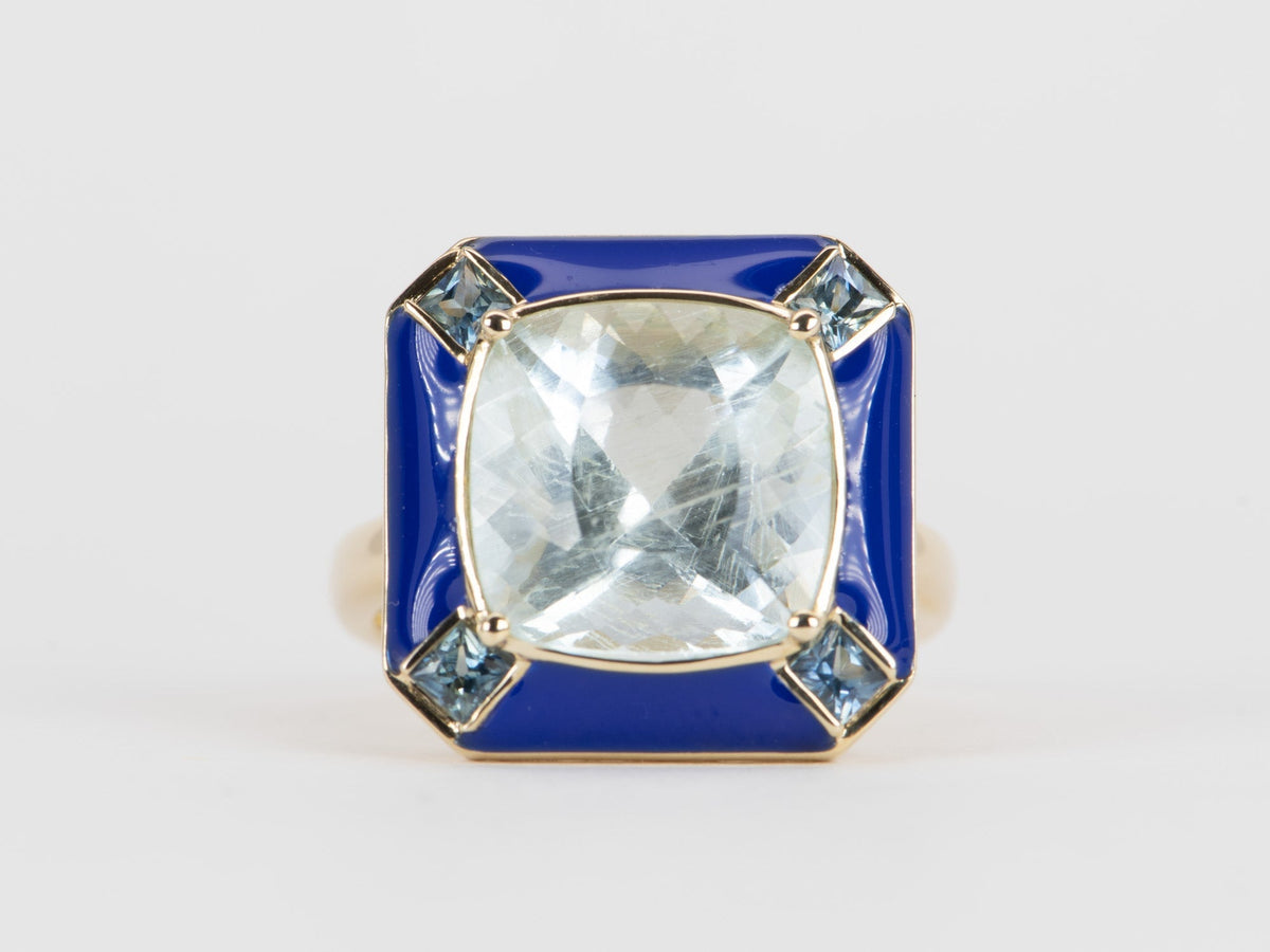 7.32ct Galaxy Aquamarine with Teal Sapphire and Enamel Halo 9K Gold Engagement Ring R6538 Aurora Designer