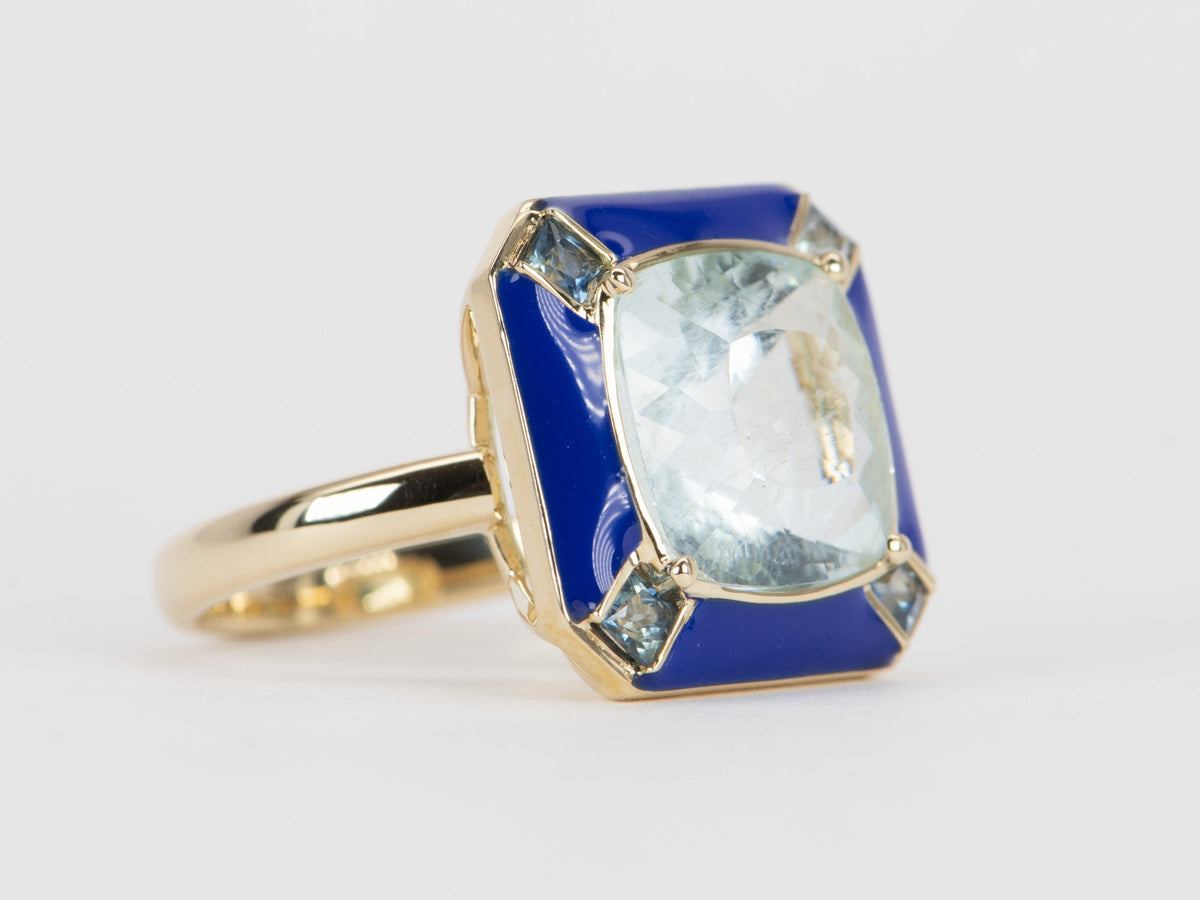 7.32ct Galaxy Aquamarine with Teal Sapphire and Enamel Halo 9K Gold Engagement Ring R6538 Aurora Designer