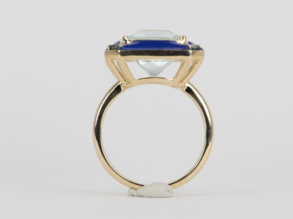 7.32ct Galaxy Aquamarine with Teal Sapphire and Enamel Halo 9K Gold Engagement Ring R6538 Aurora Designer