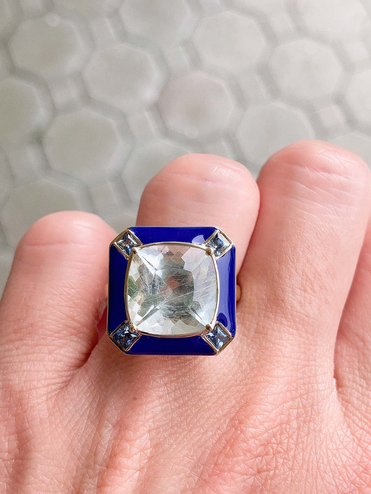 7.32ct Galaxy Aquamarine with Teal Sapphire and Enamel Halo 9K Gold Engagement Ring R6538 Aurora Designer
