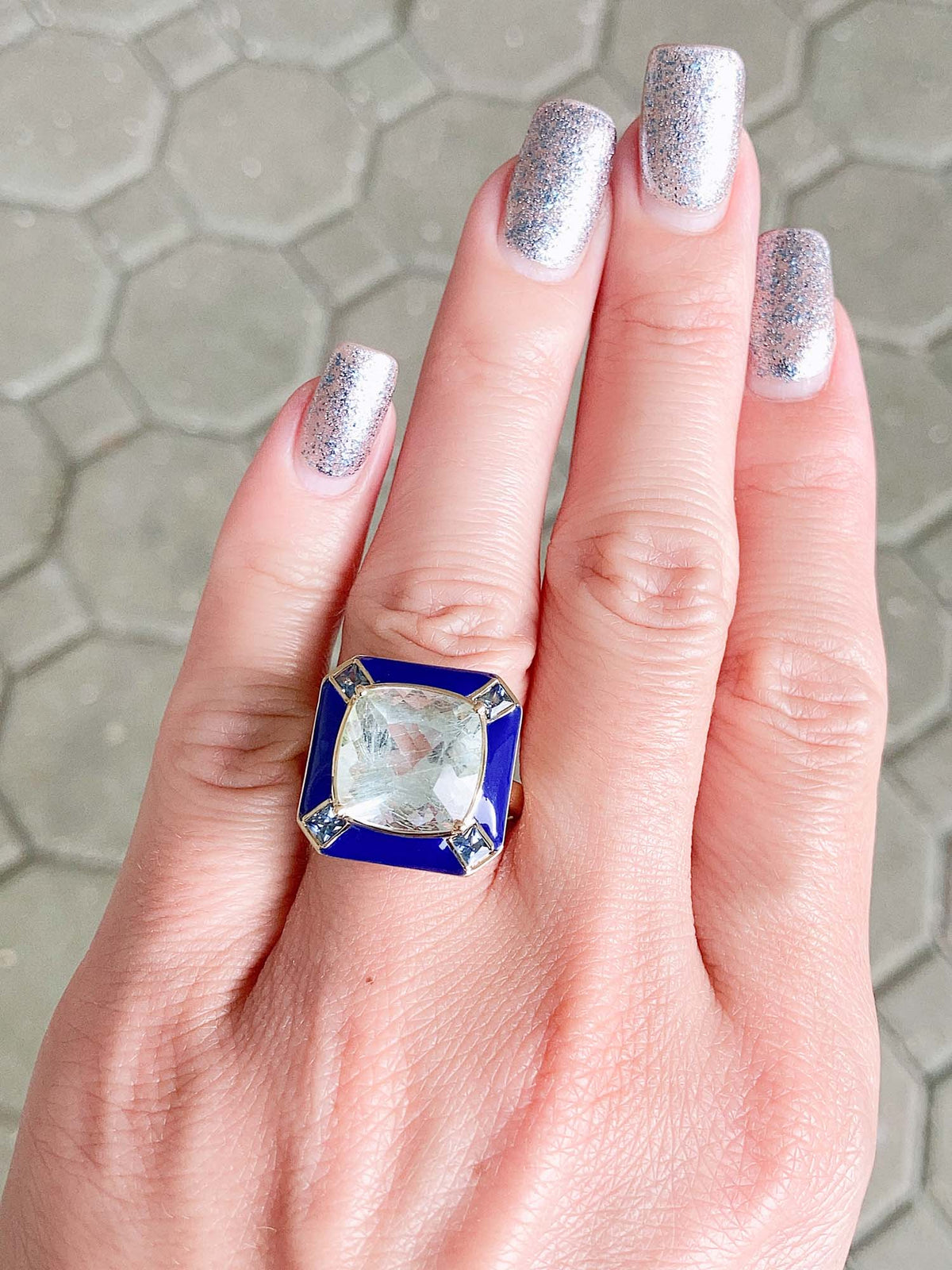 7.32ct Galaxy Aquamarine with Teal Sapphire and Enamel Halo 9K Gold Engagement Ring R6538 Aurora Designer