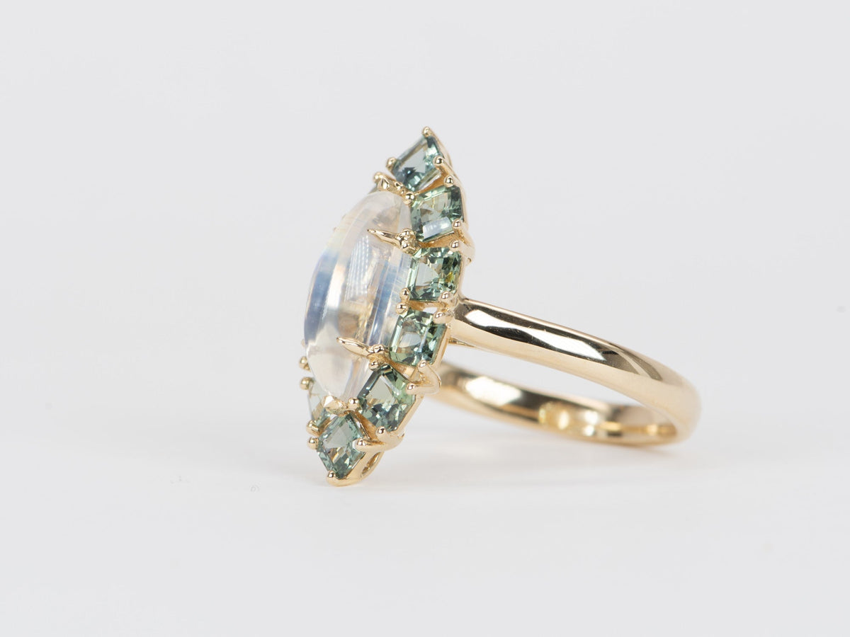 1.99ct Rainbow Moonstone with Teal Sapphire Halo Ring 14K Gold R6540 Aurora Designer