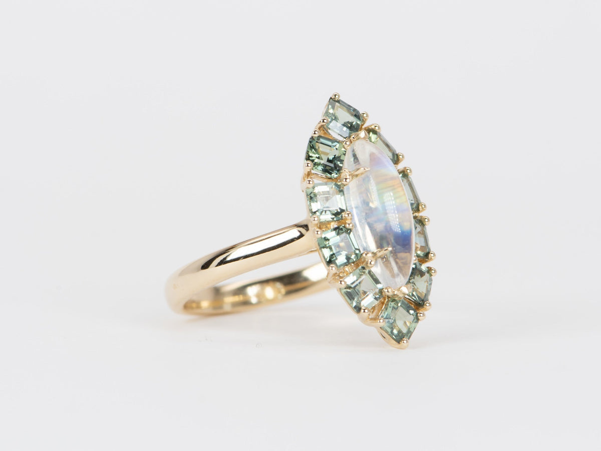 1.99ct Rainbow Moonstone with Teal Sapphire Halo Ring 14K Gold R6540 Aurora Designer