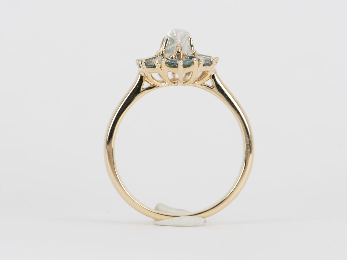 1.99ct Rainbow Moonstone with Teal Sapphire Halo Ring 14K Gold R6540 Aurora Designer