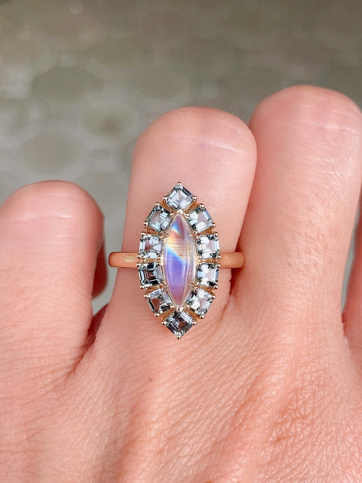 1.99ct Rainbow Moonstone with Teal Sapphire Halo Ring 14K Gold R6540 Aurora Designer