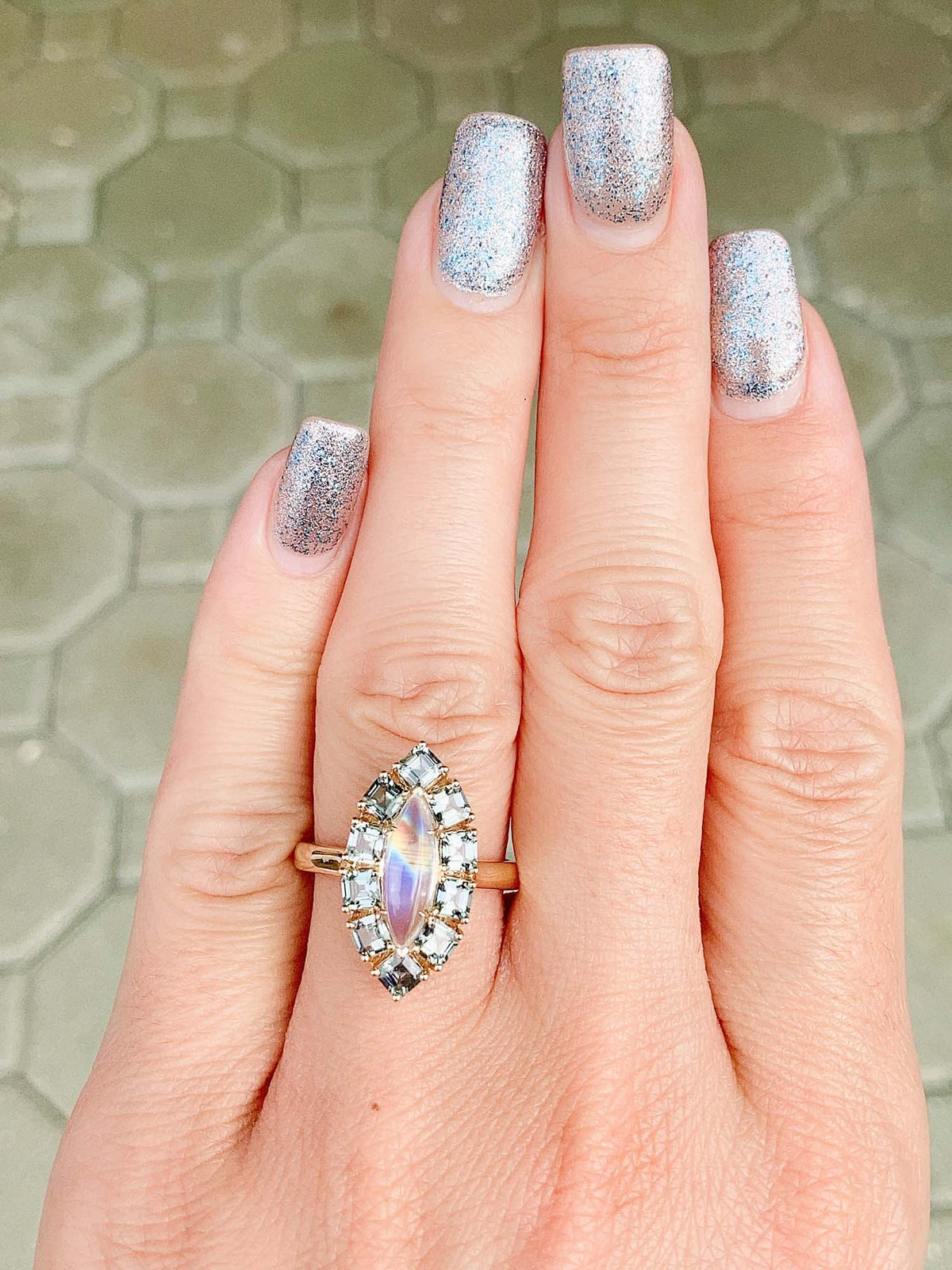 1.99ct Rainbow Moonstone with Teal Sapphire Halo Ring 14K Gold R6540 Aurora Designer