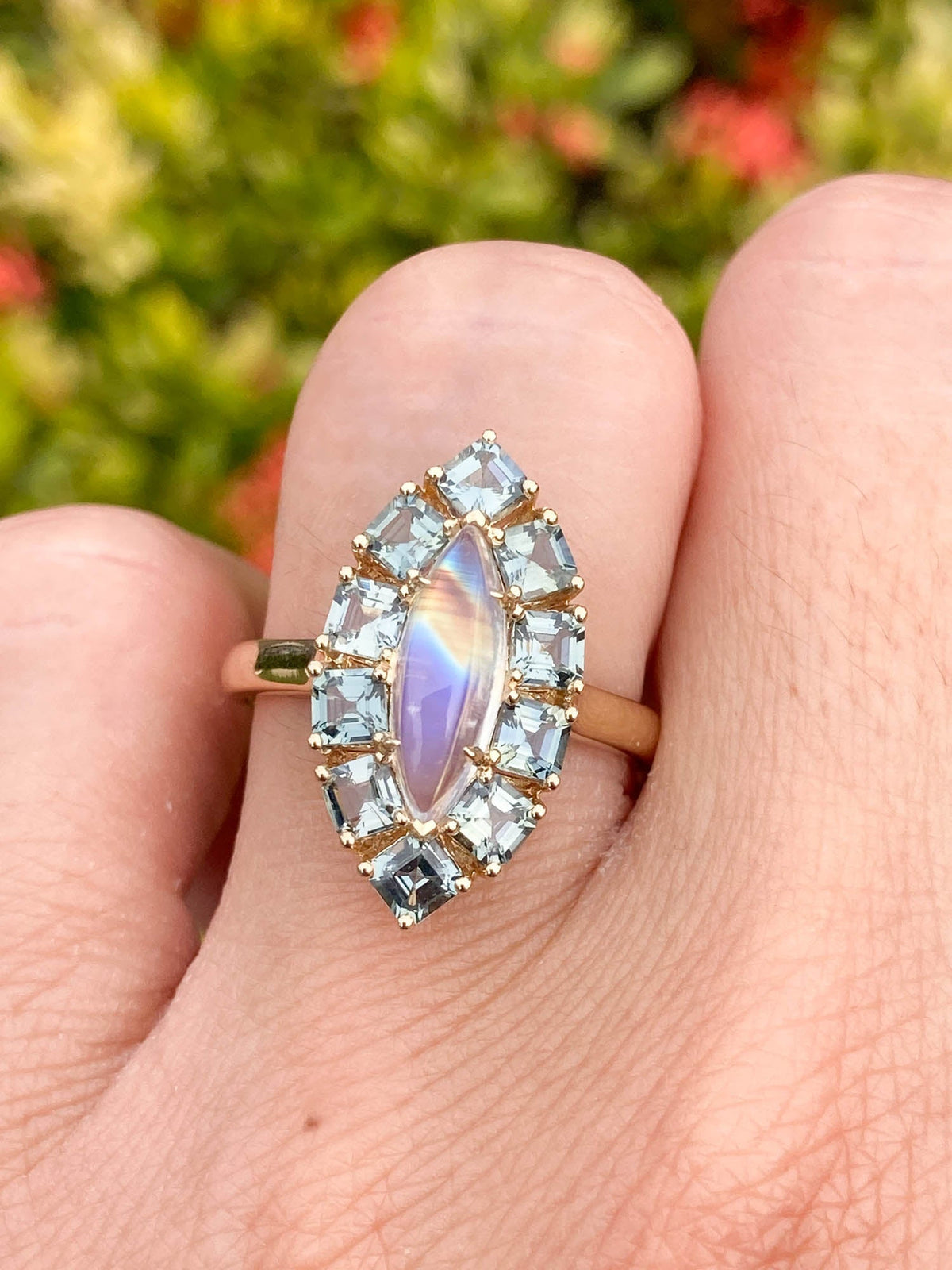 1.99ct Rainbow Moonstone with Teal Sapphire Halo Ring 14K Gold R6540 Aurora Designer