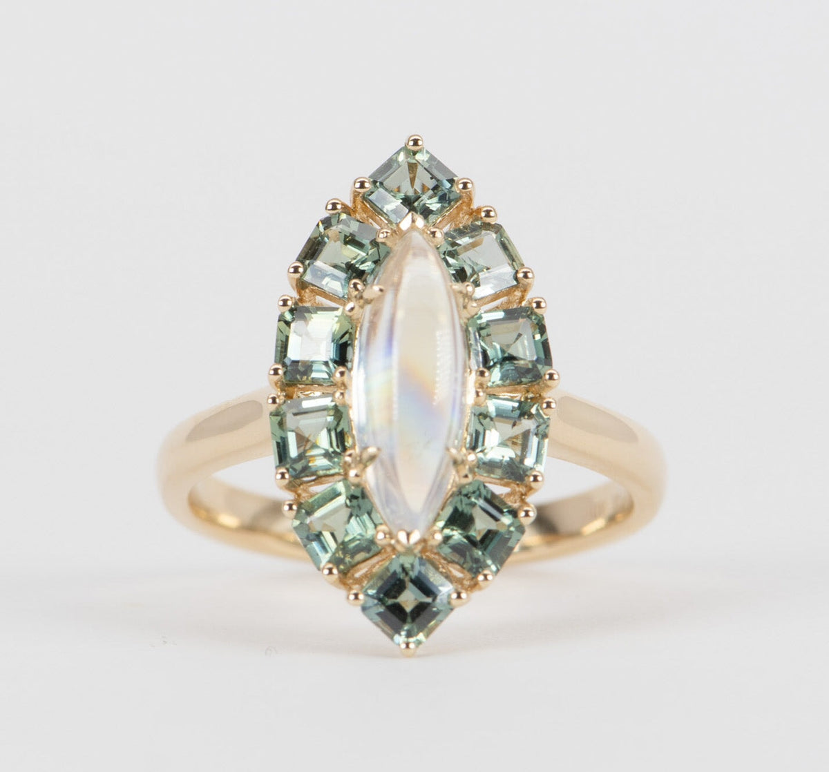1.99ct Rainbow Moonstone with Teal Sapphire Halo Ring 14K Gold R6540 Aurora Designer
