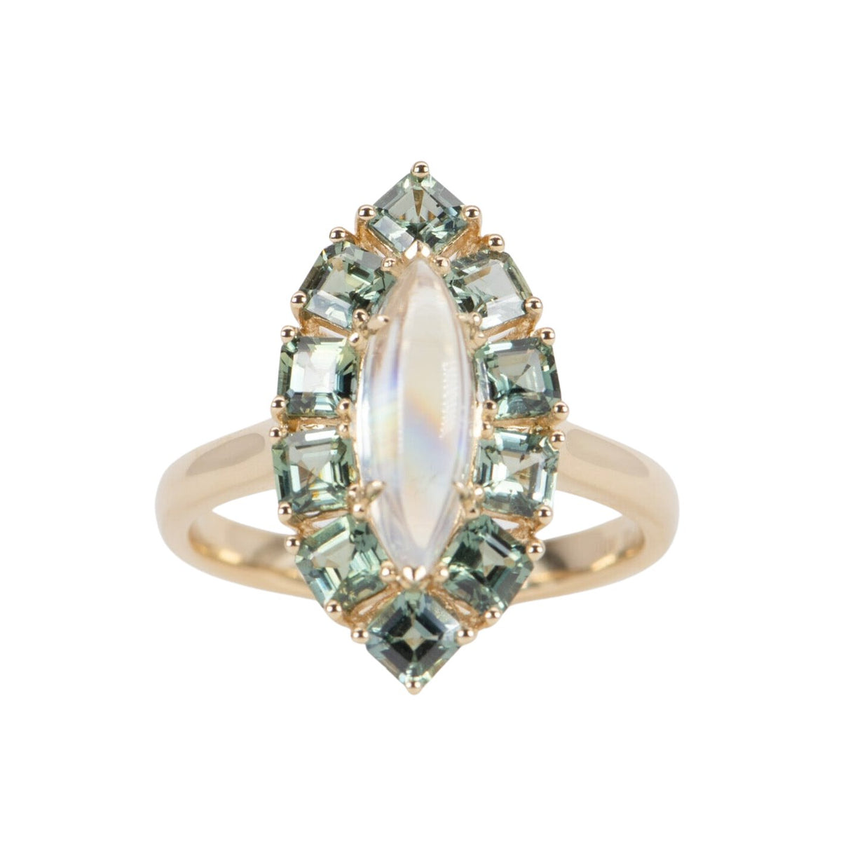1.99ct Rainbow Moonstone with Teal Sapphire Halo Ring 14K Gold R6540 Aurora Designer