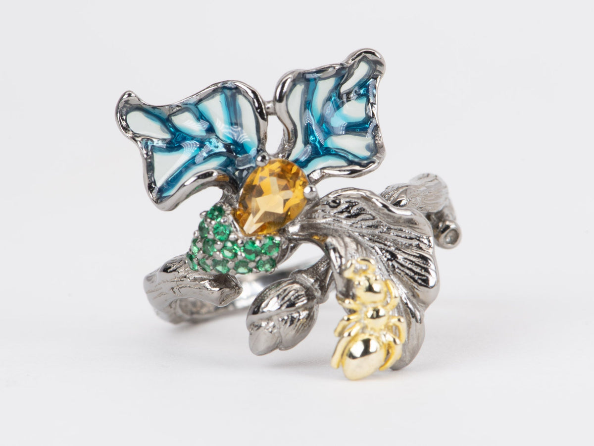 Blue Plique-à-jour Enamel Floral Branch Textured Ring Sterling Silver R6542 Aurora Designer