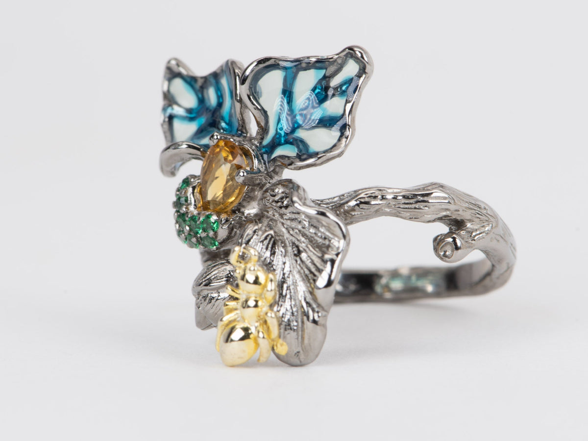 Blue Plique-à-jour Enamel Floral Branch Textured Ring Sterling Silver R6542 Aurora Designer