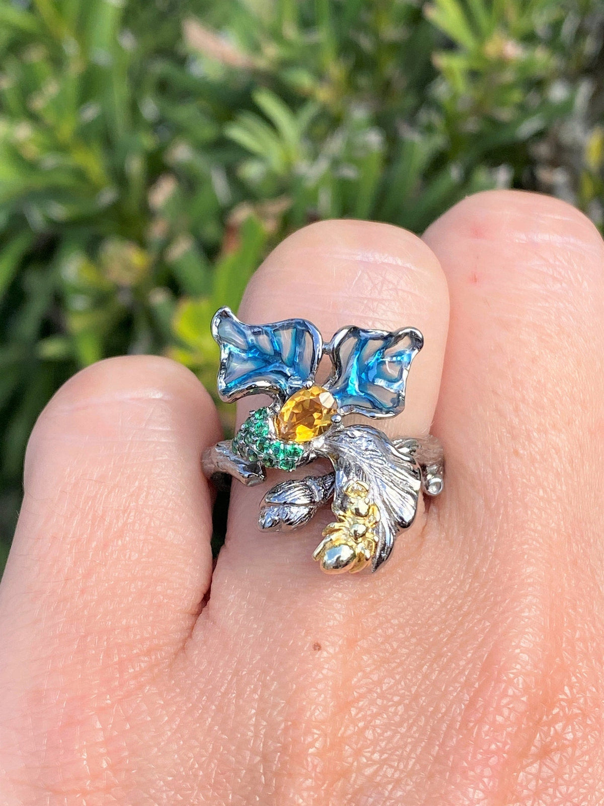 Blue Plique-à-jour Enamel Floral Branch Textured Ring Sterling Silver R6542 Aurora Designer