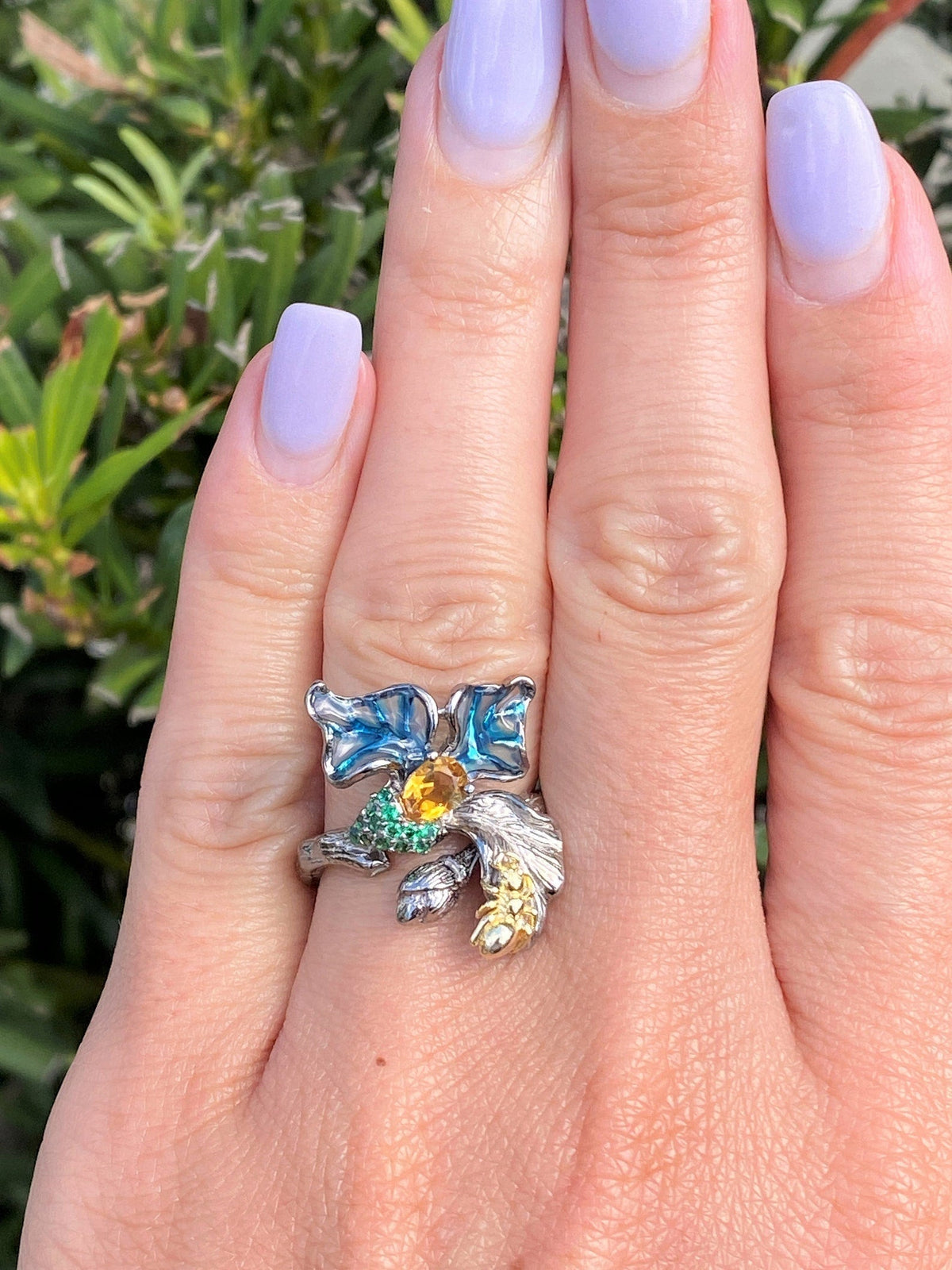Blue Plique-à-jour Enamel Floral Branch Textured Ring Sterling Silver R6542 Aurora Designer