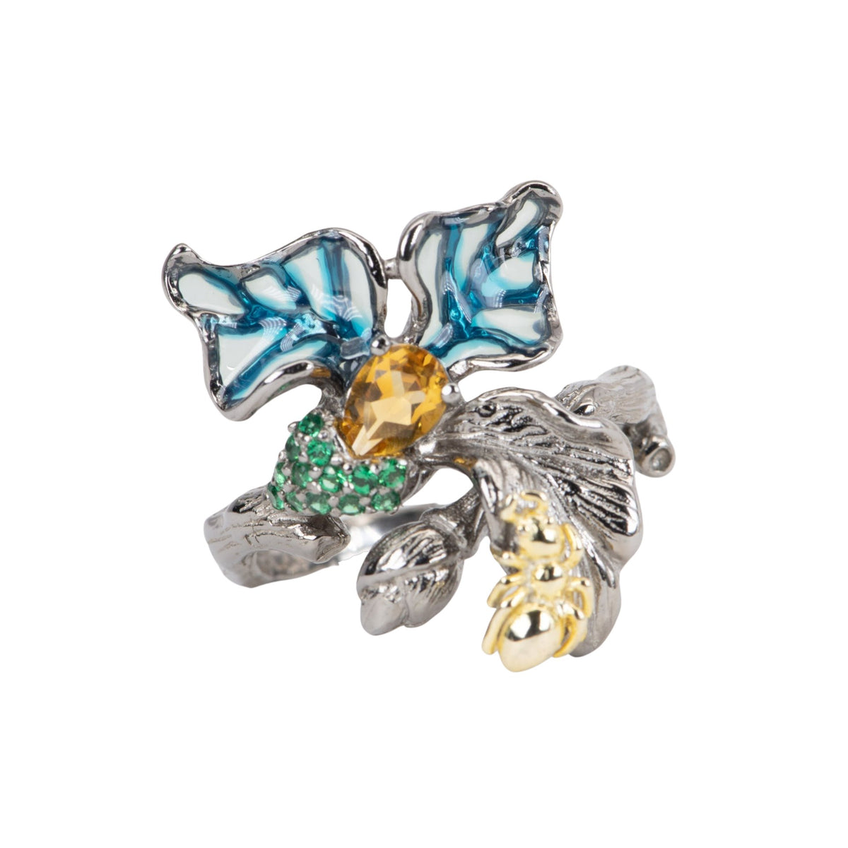 Blue Plique-à-jour Enamel Floral Branch Textured Ring Sterling Silver R6542 Aurora Designer