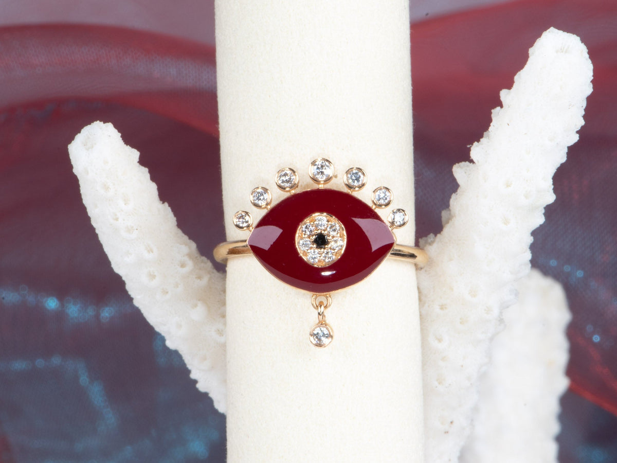 14K Gold Red Enamel Evil Eye Ring with Diamond Dangle and Spikes R6545 Aurora Designer