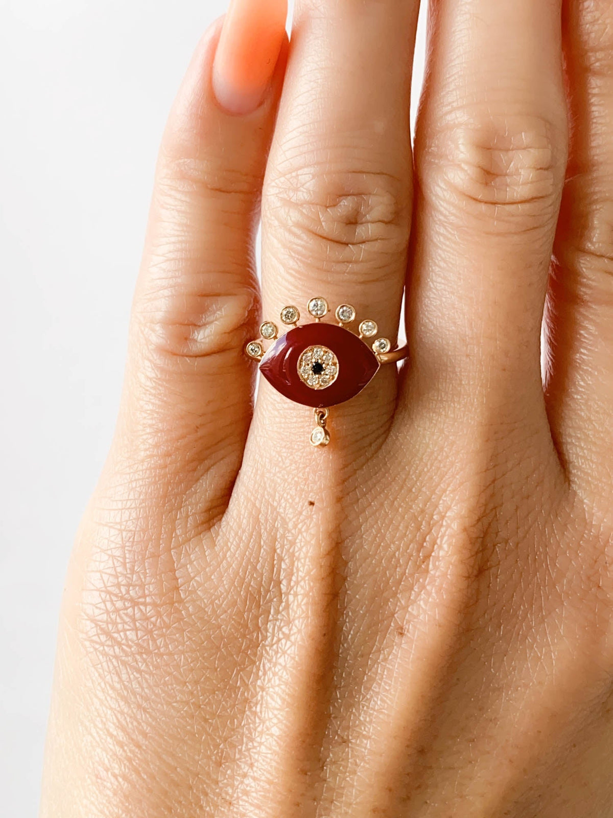 14K Gold Red Enamel Evil Eye Ring with Diamond Dangle and Spikes R6545 Aurora Designer