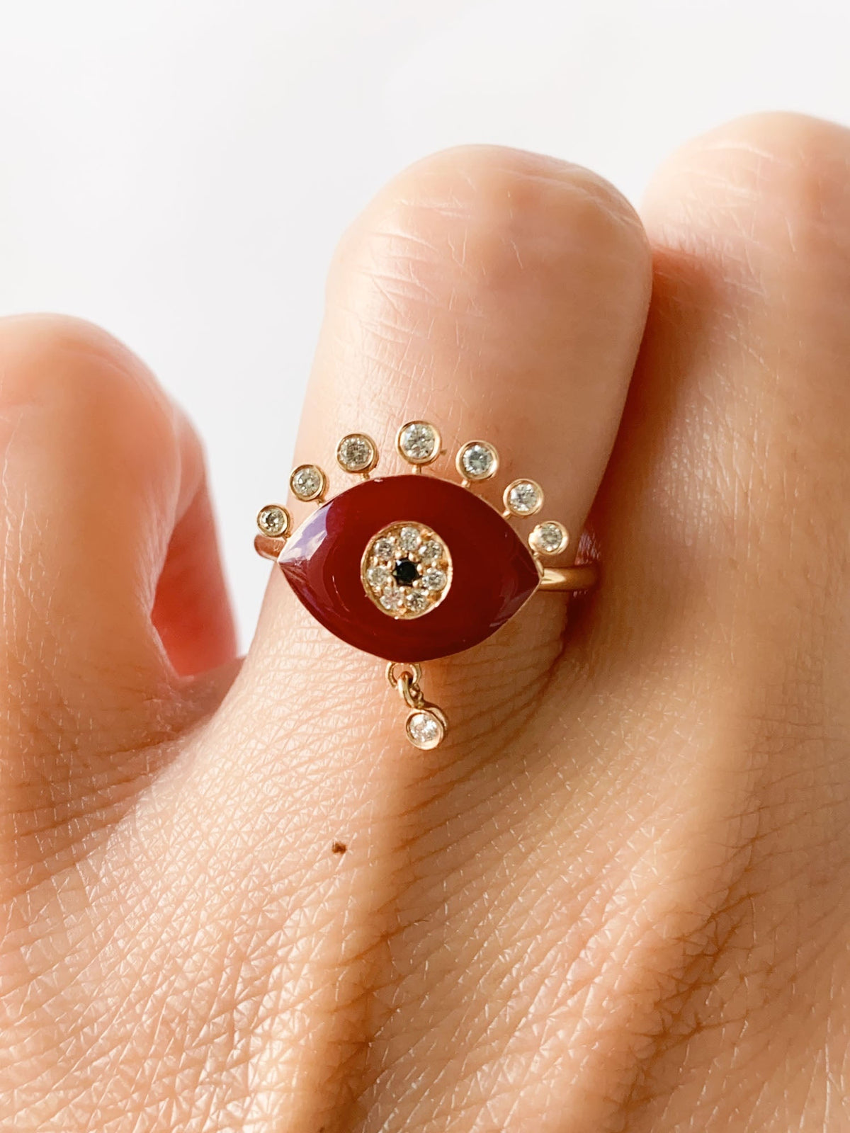 14K Gold Red Enamel Evil Eye Ring with Diamond Dangle and Spikes R6545 Aurora Designer