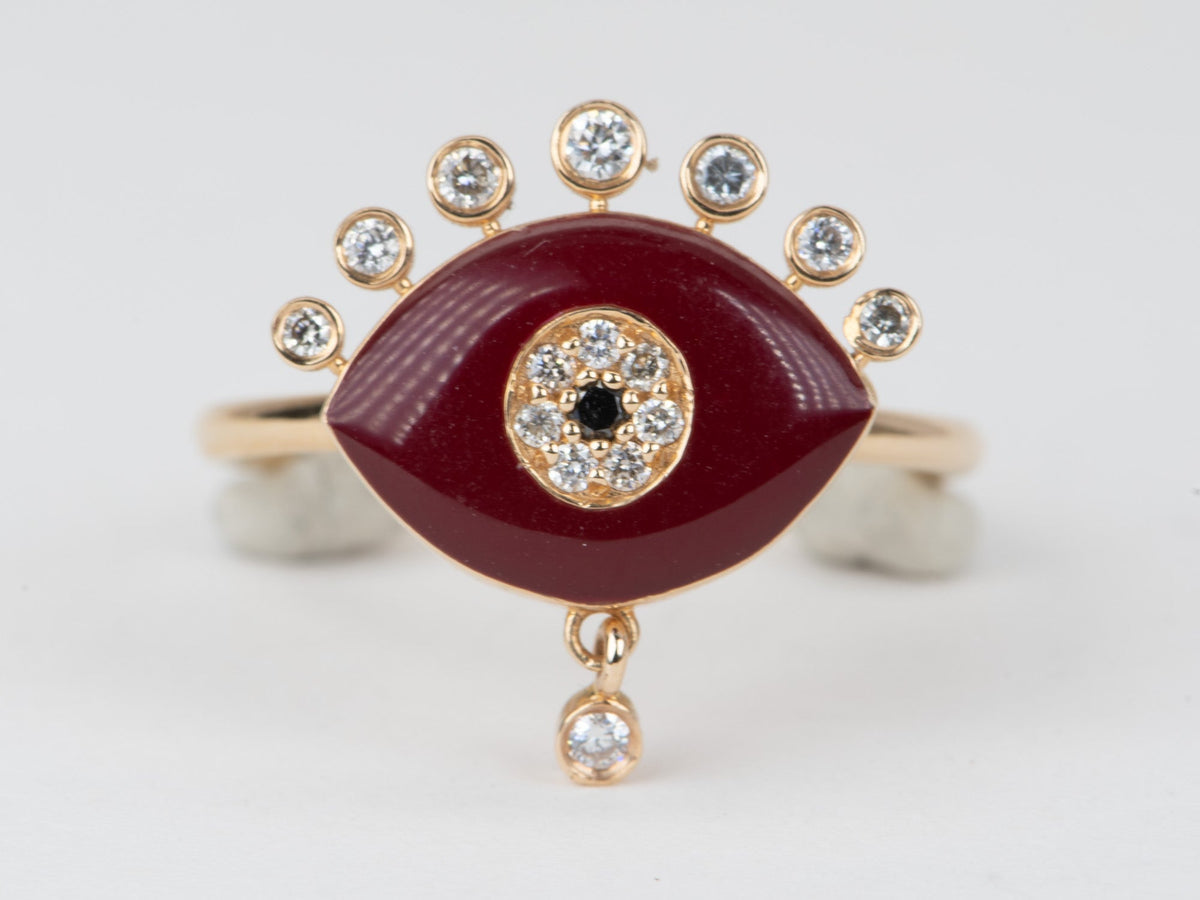 14K Gold Red Enamel Evil Eye Ring with Diamond Dangle and Spikes R6545 Aurora Designer