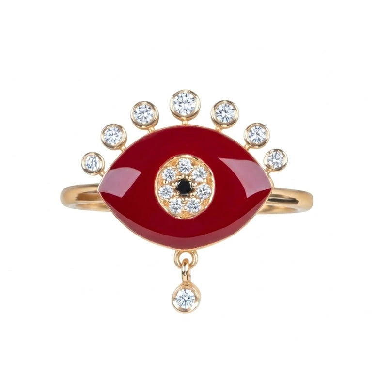 14K Gold Red Enamel Evil Eye Ring with Diamond Dangle and Spikes R6545 Aurora Designer