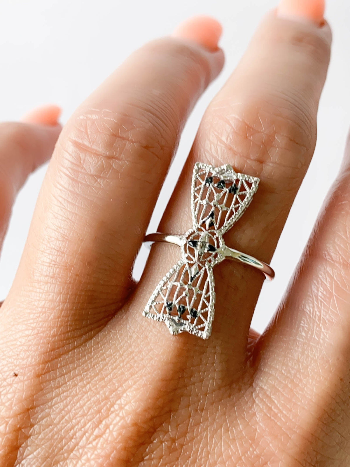 Vintage Filigree Bow Pin Converted to Navette Ring 14K White Gold R6546 Aurora Designer