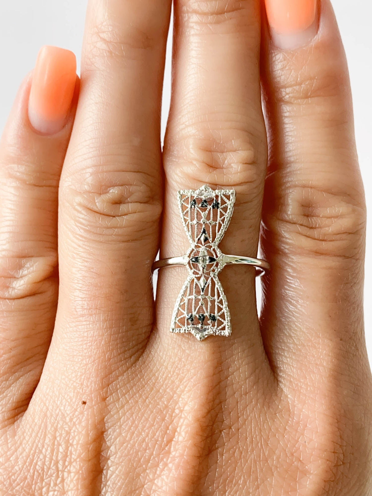 Vintage Filigree Bow Pin Converted to Navette Ring 14K White Gold R6546 Aurora Designer